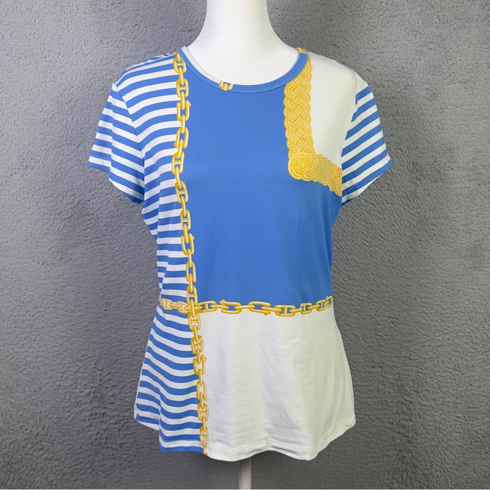 J Mclaughlin Top Womens Medium Blue White Striped Catalina Cloth Short Sleeve